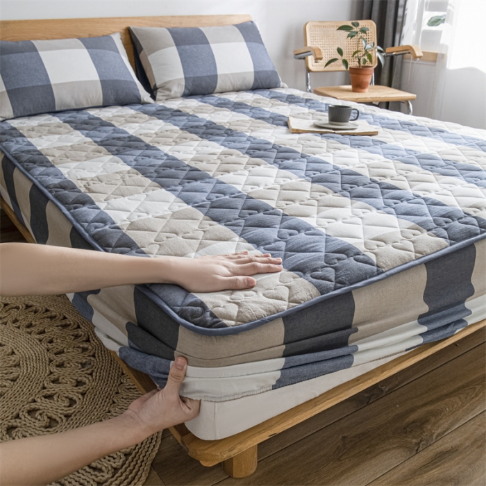 91家纺网 家纺一手货源 找家纺 蓝巢 2023新款全棉水洗棉大豆夹棉床笠 蓝调格