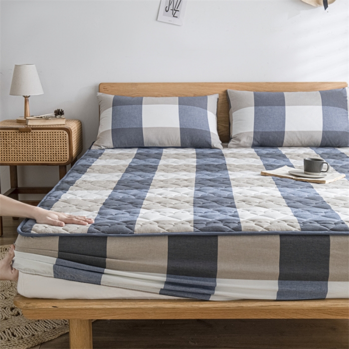 91家纺网 家纺一手货源 找家纺 蓝巢 2023新款全棉水洗棉大豆夹棉床笠 蓝调格