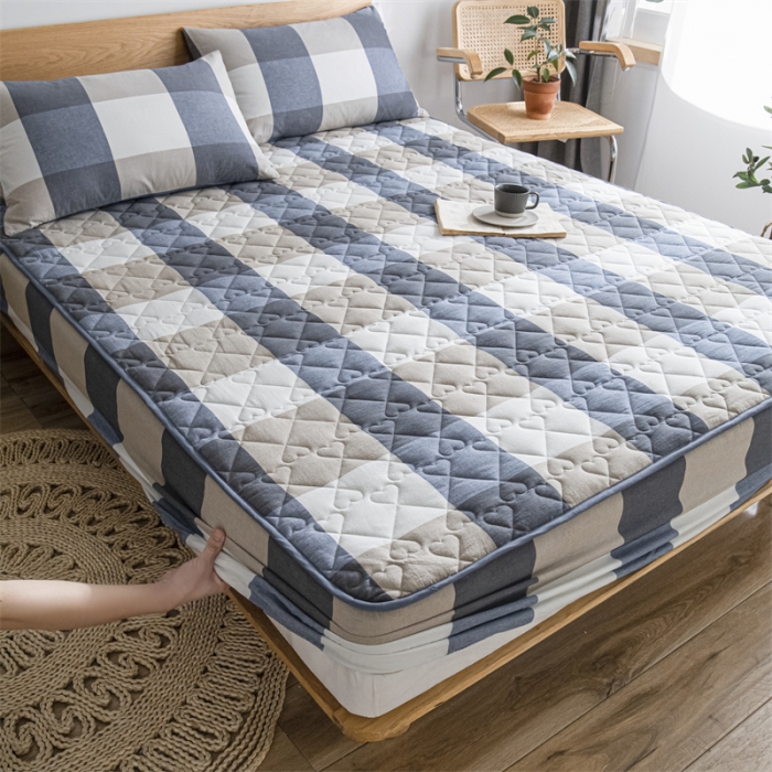 91家纺网 家纺一手货源 找家纺 蓝巢 2023新款全棉水洗棉大豆夹棉床笠 蓝调格