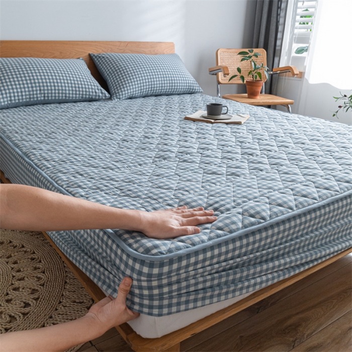 91家纺网 家纺一手货源 找家纺 蓝巢 2023新款全棉水洗棉大豆夹棉床笠 蓝小格