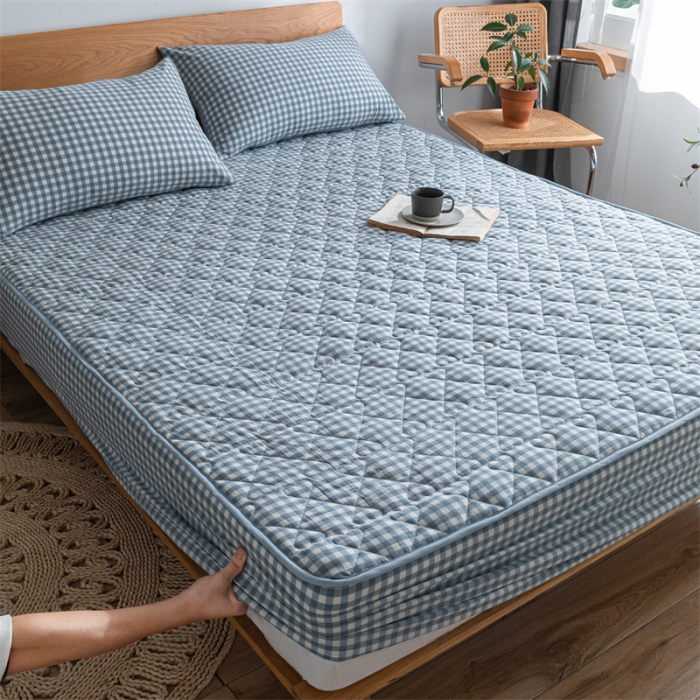 91家纺网 家纺一手货源 找家纺 蓝巢 2023新款全棉水洗棉大豆夹棉床笠 蓝小格