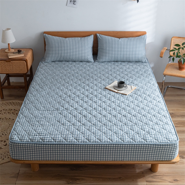 91家纺网 家纺一手货源 找家纺 蓝巢 2023新款全棉水洗棉大豆夹棉床笠 蓝小格