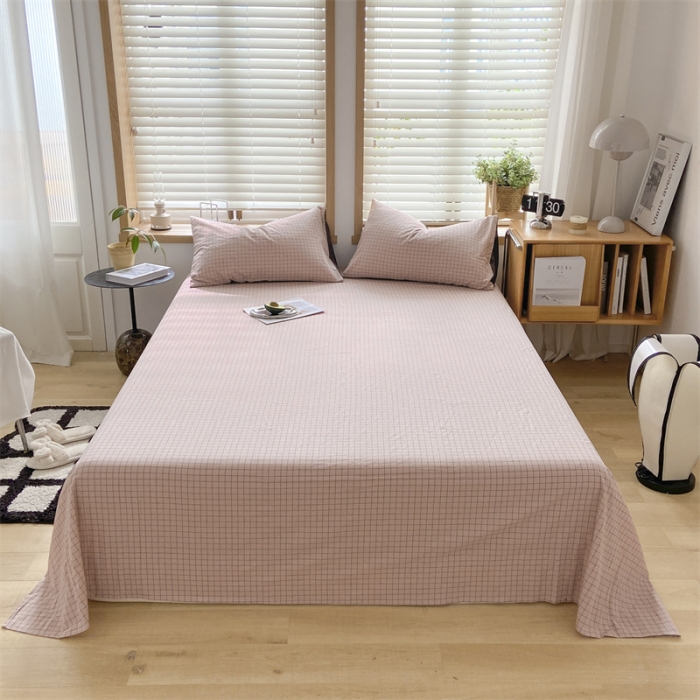 91家纺网 家纺一手货源 找家纺 蓝巢 2023新款全棉色织水洗棉系列单品床单 丁香粉格
