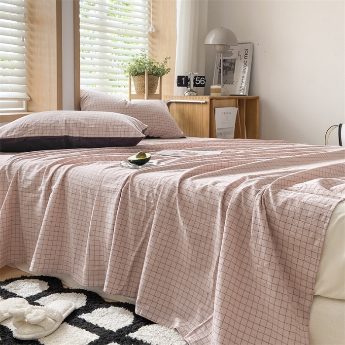 91家纺网 家纺一手货源 找家纺 蓝巢 2023新款全棉色织水洗棉系列单品床单 丁香粉格