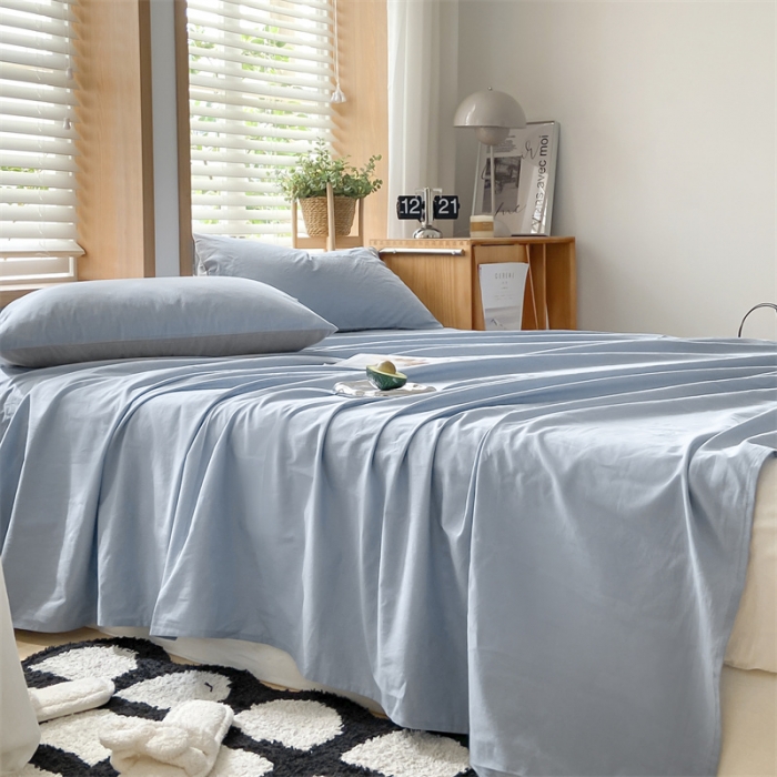 91家纺网 家纺一手货源 找家纺 蓝巢 2023新款全棉色织水洗棉系列单品床单 湖蓝