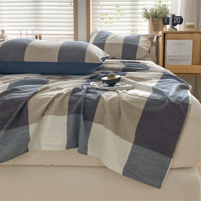 91家纺网 家纺一手货源 找家纺 蓝巢 2023新款全棉色织水洗棉系列单品床单 蓝调格