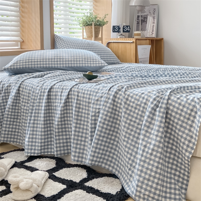 91家纺网 家纺一手货源 找家纺 蓝巢 2023新款全棉色织水洗棉系列单品床单 蓝小格