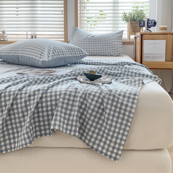 91家纺网 家纺一手货源 找家纺 蓝巢 2023新款全棉色织水洗棉系列单品床单 蓝小格