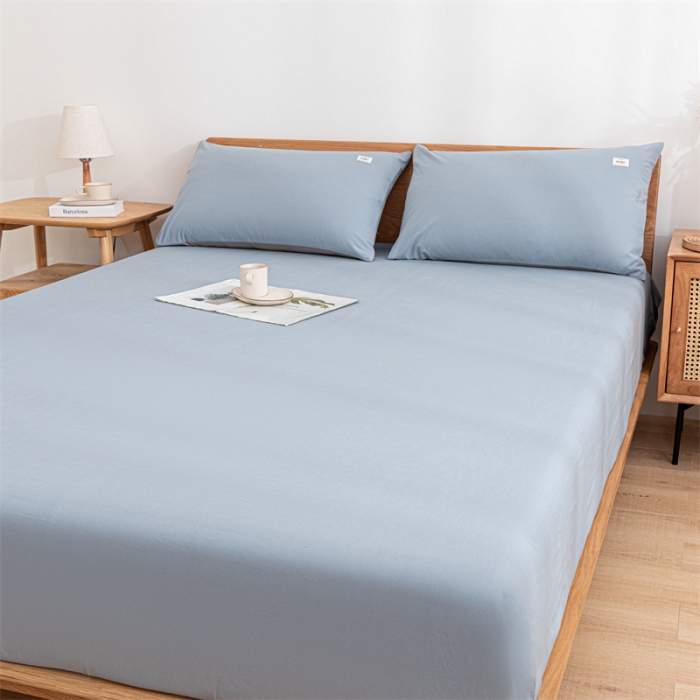 91家纺网 家纺一手货源 找家纺 蓝巢 2023新款全棉色织水洗棉系列单品床笠 湖蓝