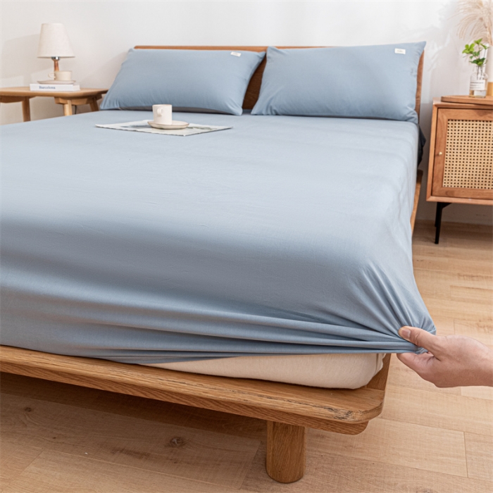 91家纺网 家纺一手货源 找家纺 蓝巢 2023新款全棉色织水洗棉系列单品床笠 湖蓝