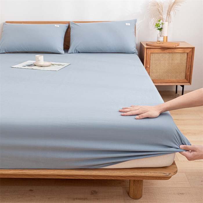 91家纺网 家纺一手货源 找家纺 蓝巢 2023新款全棉色织水洗棉系列单品床笠 湖蓝