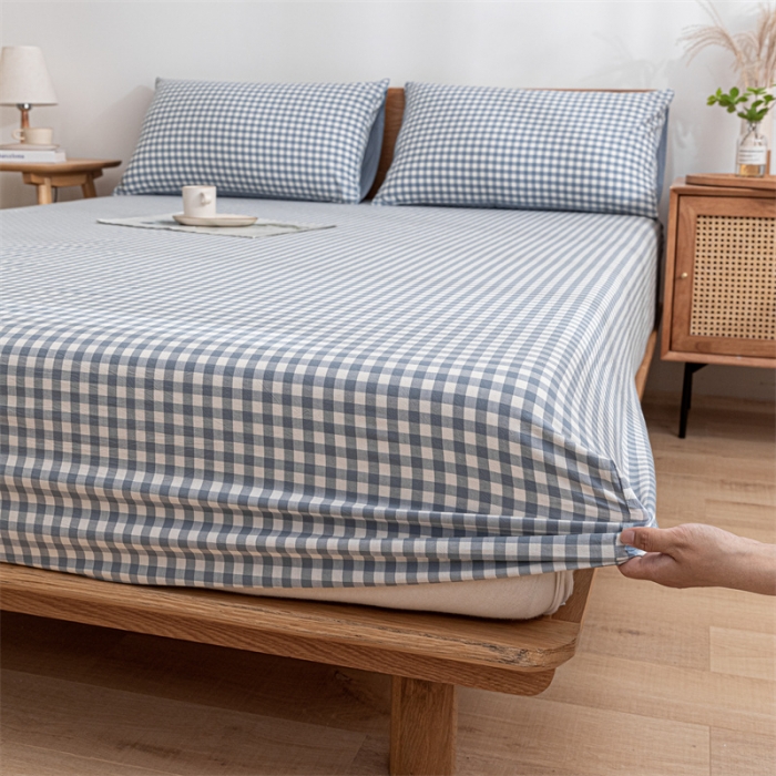 91家纺网 家纺一手货源 找家纺 蓝巢 2023新款全棉色织水洗棉系列单品床笠 蓝小格