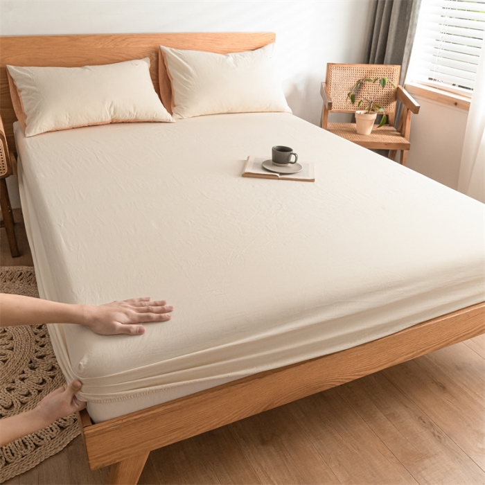 91家纺网 家纺一手货源 找家纺 蓝巢 2023新款全棉色织水洗棉系列单品床笠 奶白