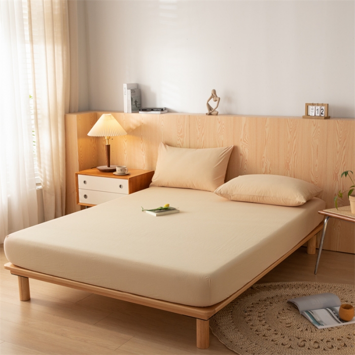 91家纺网 家纺一手货源 找家纺 蓝巢 2023新款全棉色织水洗棉系列单品床笠 奶茶