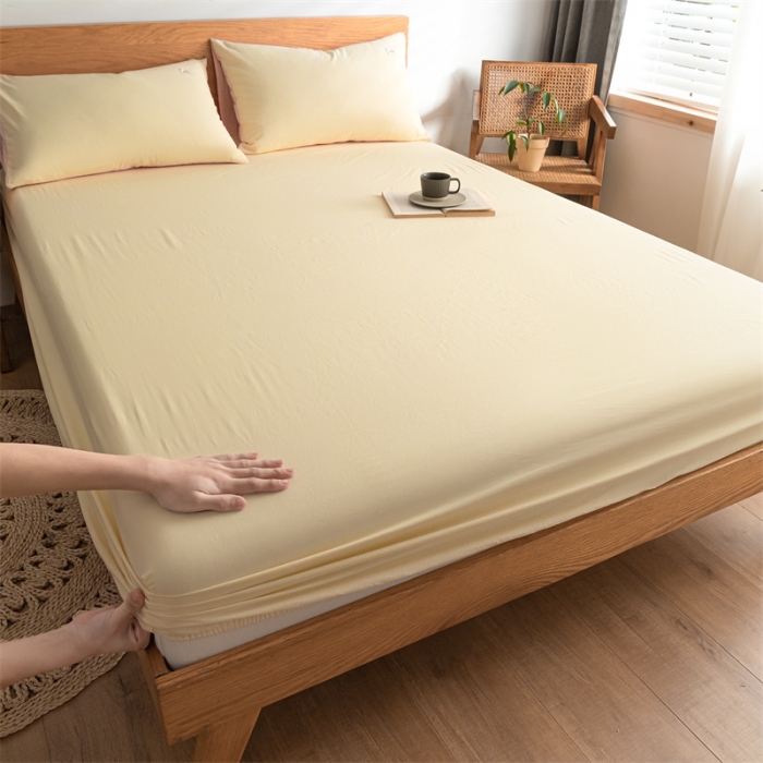 91家纺网 家纺一手货源 找家纺 蓝巢 2023新款全棉色织水洗棉系列单品床笠 奶黄