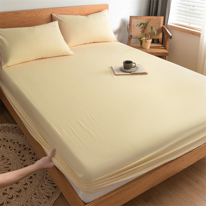 91家纺网 家纺一手货源 找家纺 蓝巢 2023新款全棉色织水洗棉系列单品床笠 奶黄