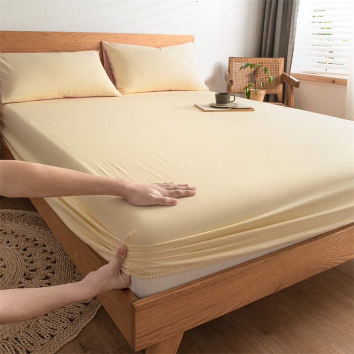 91家纺网 家纺一手货源 找家纺 蓝巢 2023新款全棉色织水洗棉系列单品床笠 奶黄