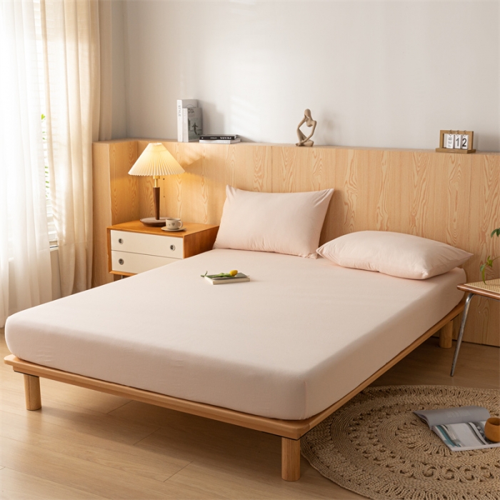 91家纺网 家纺一手货源 找家纺 蓝巢 2023新款全棉色织水洗棉系列单品床笠 奶油粉