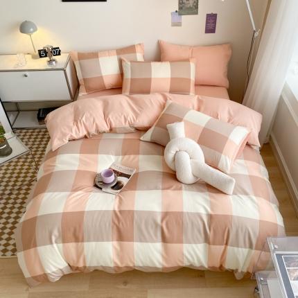 91家纺网 家纺一手货源 找家纺 阿曼达 2023新款亲肤水洗m四件套-格子 粉大格