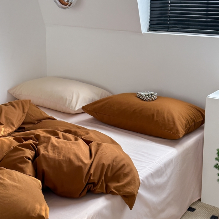 91家纺网 家纺一手货源 找家纺 六巷胡同 2023新款ins博主风三色混搭水洗棉四件套 混搭-栗子棕蜜桃