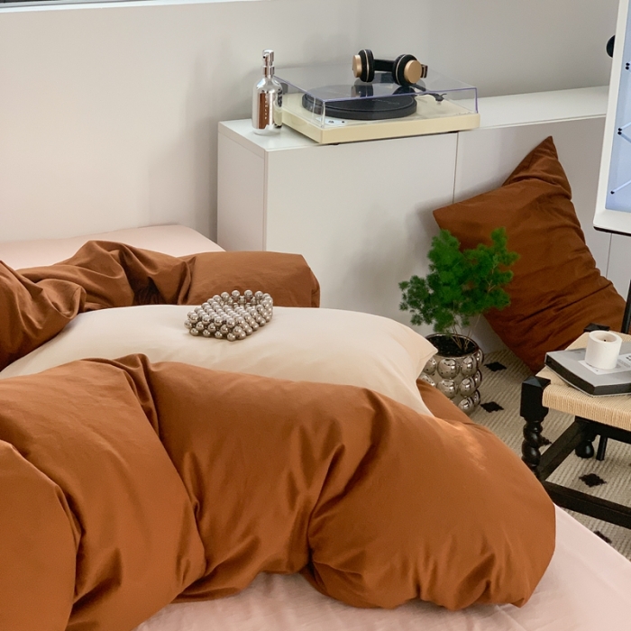 91家纺网 家纺一手货源 找家纺 六巷胡同 2023新款ins博主风三色混搭水洗棉四件套 混搭-栗子棕蜜桃