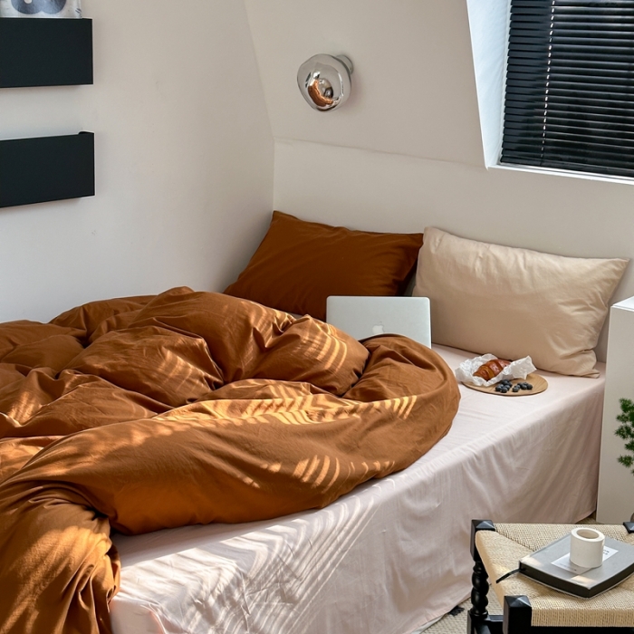 91家纺网 家纺一手货源 找家纺 六巷胡同 2023新款ins博主风三色混搭水洗棉四件套 混搭-栗子棕蜜桃