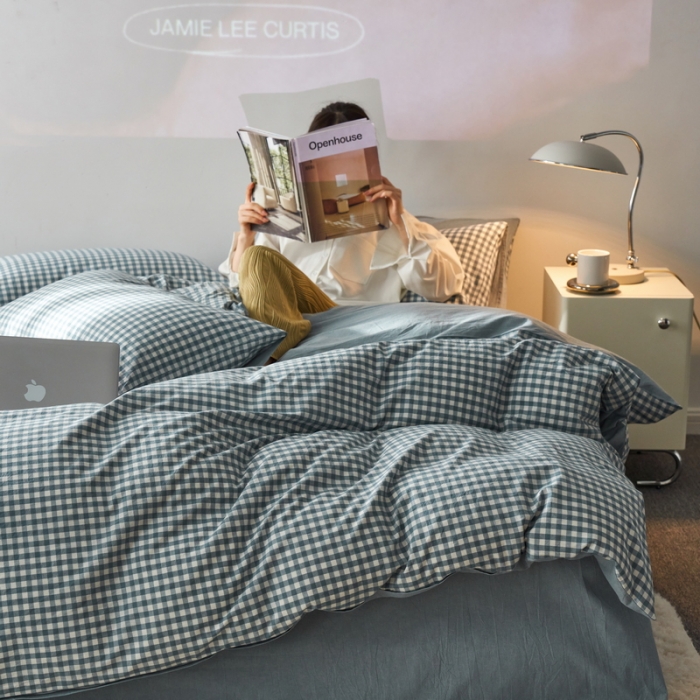 91家纺网 家纺一手货源 找家纺 （总）蓝邻 2023新款无印风全棉色织水洗棉四件套