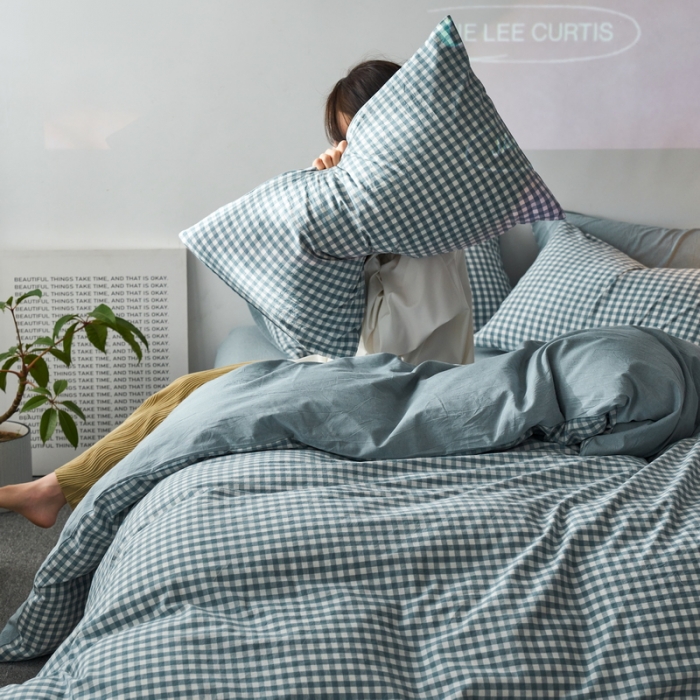 91家纺网 家纺一手货源 找家纺 （总）蓝邻 2023新款无印风全棉色织水洗棉四件套