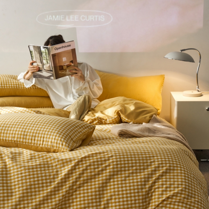 91家纺网 家纺一手货源 找家纺 蓝邻 2023新款无印风全棉色织水洗棉四件套 黄小格