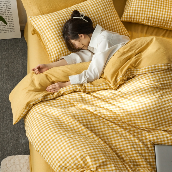 91家纺网 家纺一手货源 找家纺 蓝邻 2023新款无印风全棉色织水洗棉四件套 黄小格