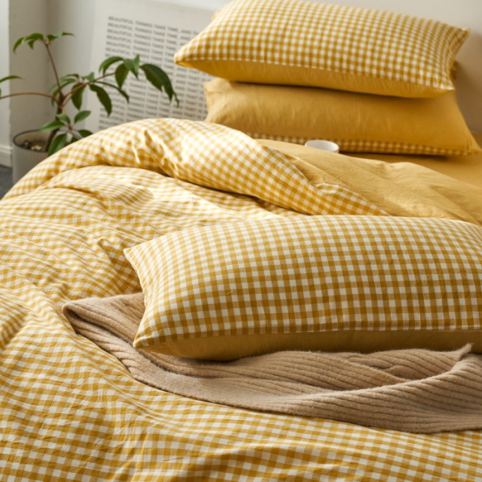 91家纺网 家纺一手货源 找家纺 蓝邻 2023新款无印风全棉色织水洗棉四件套 黄小格