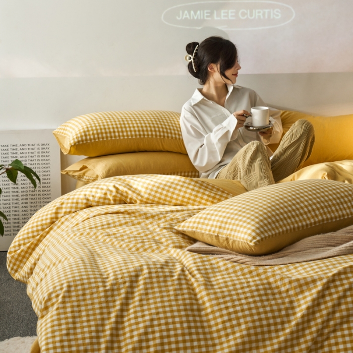 91家纺网 家纺一手货源 找家纺 蓝邻 2023新款无印风全棉色织水洗棉四件套 黄小格