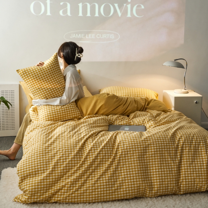 91家纺网 家纺一手货源 找家纺 蓝邻 2023新款无印风全棉色织水洗棉四件套 黄小格