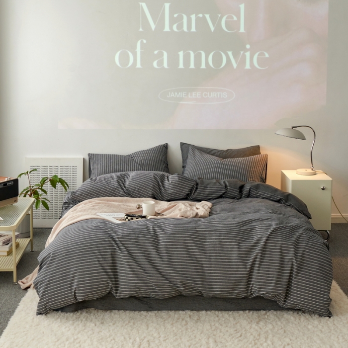 91家纺网 家纺一手货源 找家纺 蓝邻 2023新款无印风全棉色织水洗棉四件套 灰细条