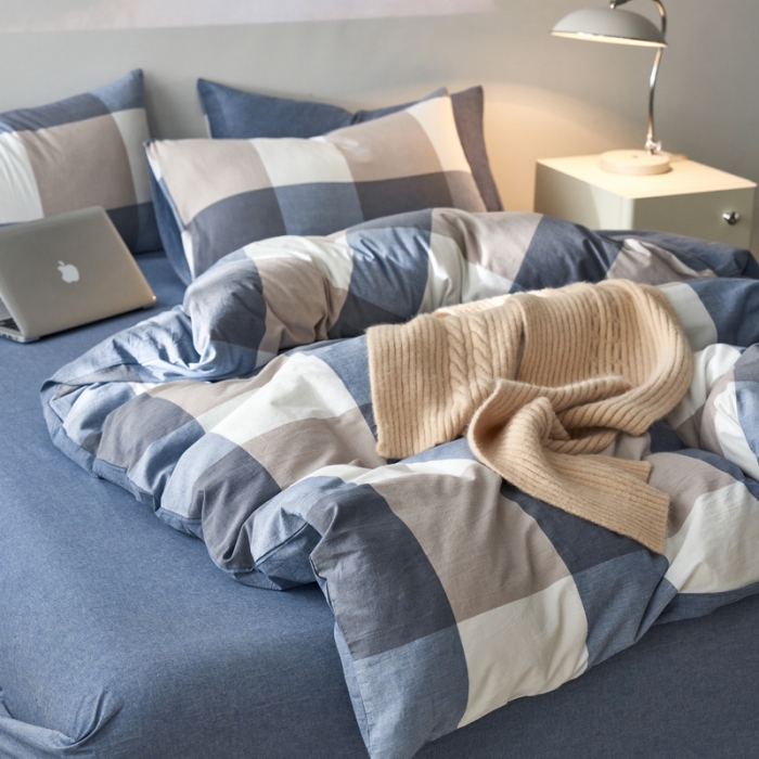 91家纺网 家纺一手货源 找家纺 蓝邻 2023新款无印风全棉色织水洗棉四件套 兰大格