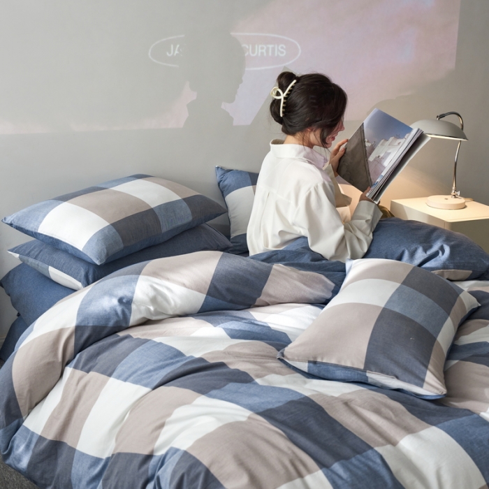 91家纺网 家纺一手货源 找家纺 蓝邻 2023新款无印风全棉色织水洗棉四件套 兰大格