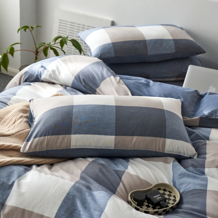 91家纺网 家纺一手货源 找家纺 蓝邻 2023新款无印风全棉色织水洗棉四件套 兰大格