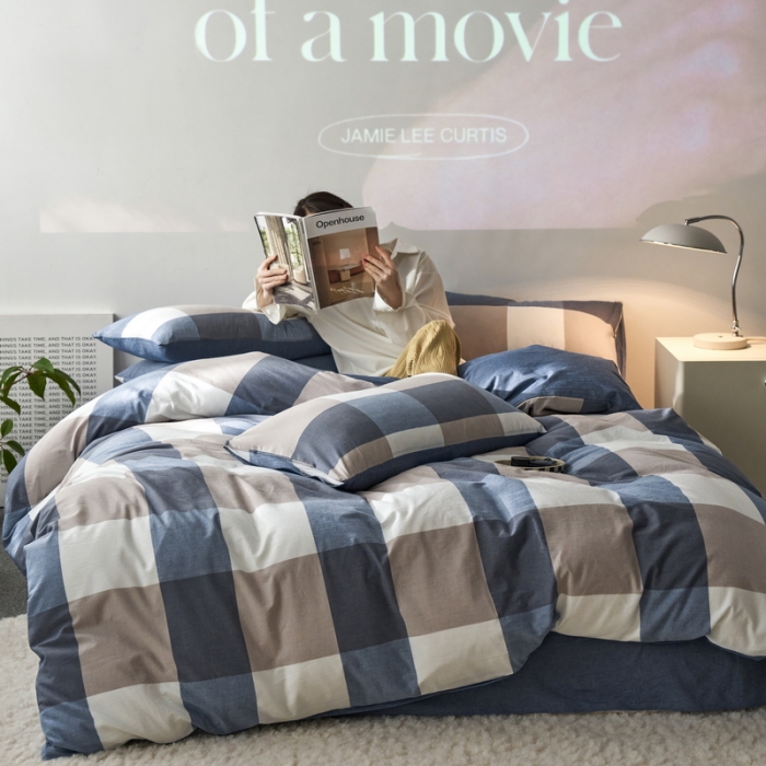 91家纺网 家纺一手货源 找家纺 蓝邻 2023新款无印风全棉色织水洗棉四件套 兰大格