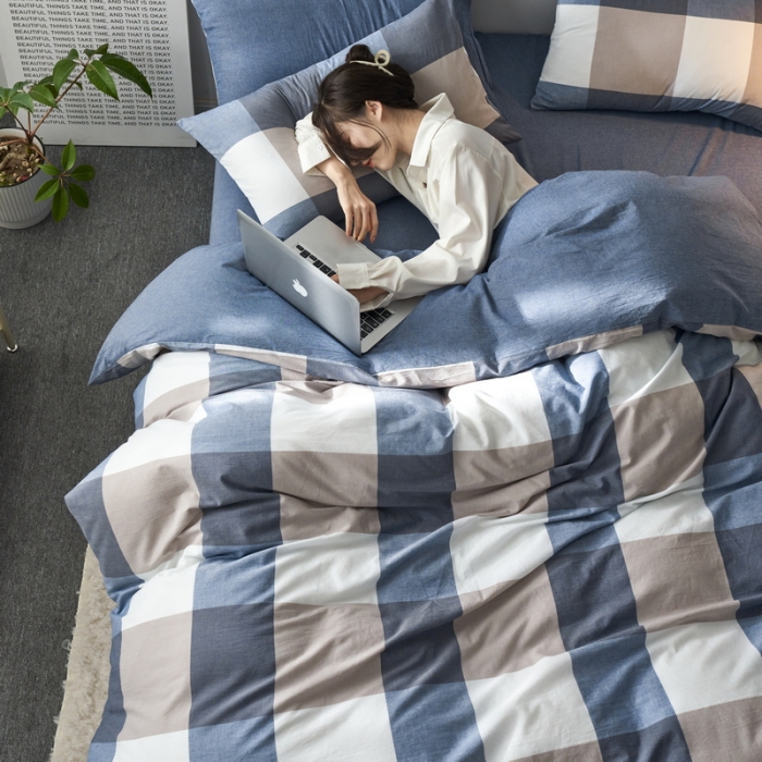 91家纺网 家纺一手货源 找家纺 蓝邻 2023新款无印风全棉色织水洗棉四件套 兰大格