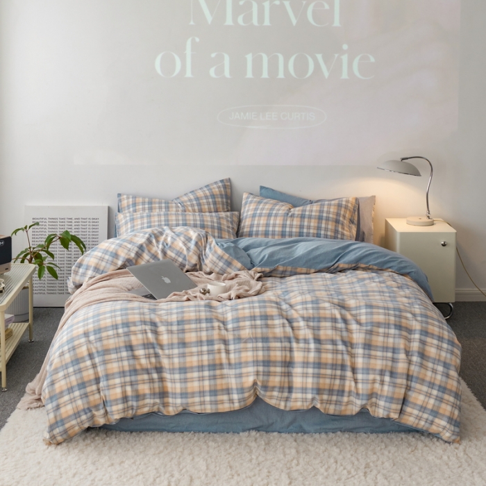 91家纺网 家纺一手货源 找家纺 蓝邻 2023新款无印风全棉色织水洗棉四件套 星空卡其