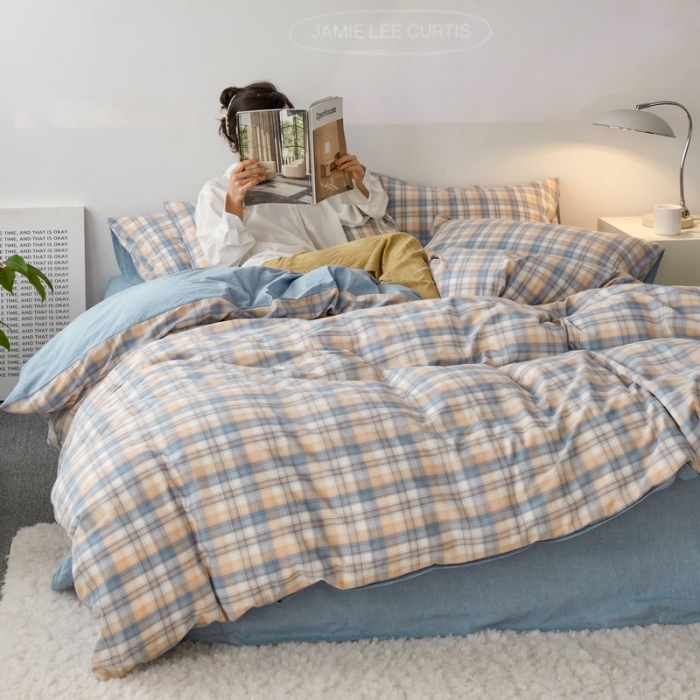 91家纺网 家纺一手货源 找家纺 蓝邻 2023新款无印风全棉色织水洗棉四件套 星空卡其