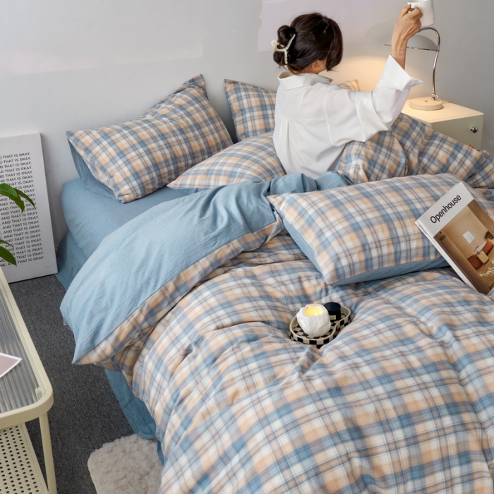 91家纺网 家纺一手货源 找家纺 蓝邻 2023新款无印风全棉色织水洗棉四件套 星空卡其