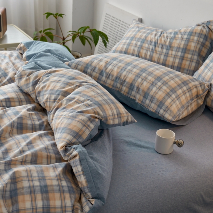 91家纺网 家纺一手货源 找家纺 蓝邻 2023新款无印风全棉色织水洗棉四件套 星空卡其