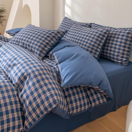 91家纺网 家纺一手货源 找家纺 柠馨 2023新款全棉色织水洗棉四件套 格调深蓝