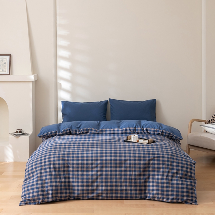 91家纺网 家纺一手货源 找家纺 柠馨 2023新款全棉色织水洗棉单品被套 格调深蓝