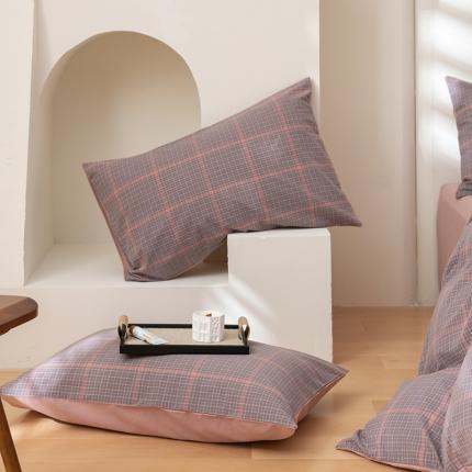 柠馨 2023新款全棉色织水洗棉单品枕套 灰粉格