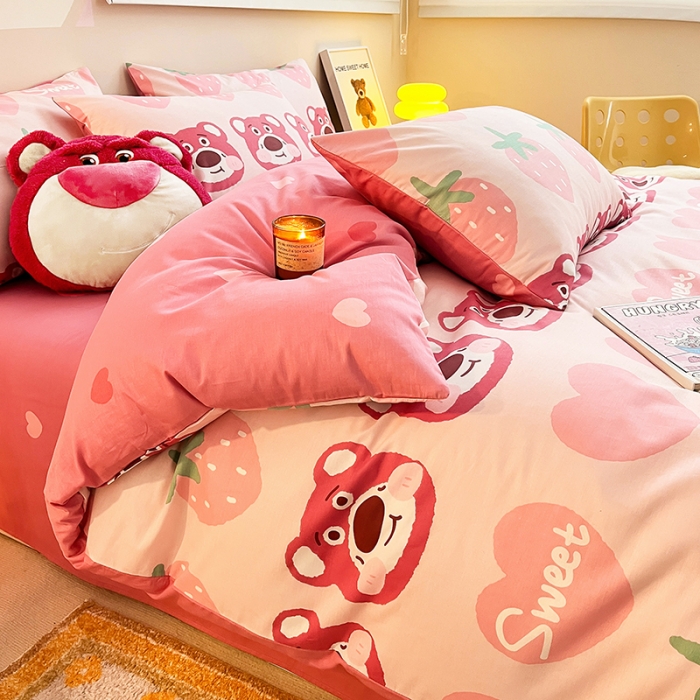 91家纺网 家纺一手货源 找家纺 呗旺鹿 2023新款13372全棉纯棉印花四件套直播款 甜心熊