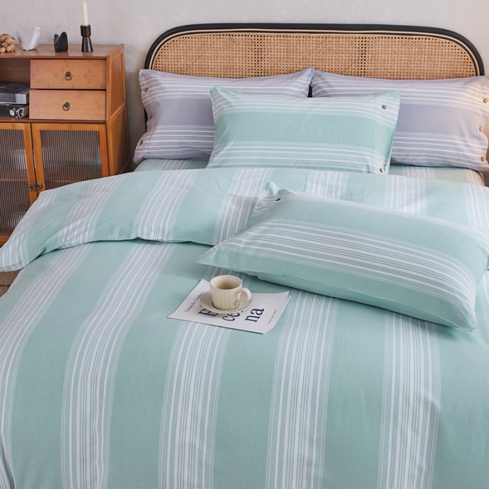 91家纺网 家纺一手货源 找家纺 棉乐町 2025新款21支纯棉老粗布四件套 宽条-绿