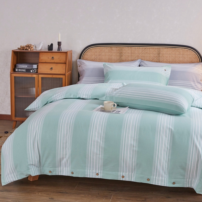 91家纺网 家纺一手货源 找家纺 棉乐町 2025新款21支纯棉老粗布四件套 宽条-绿