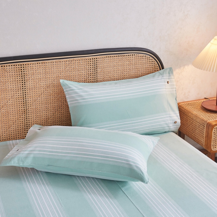 91家纺网 家纺一手货源 找家纺 棉乐町 2025新款21支纯棉老粗布四件套 宽条-绿